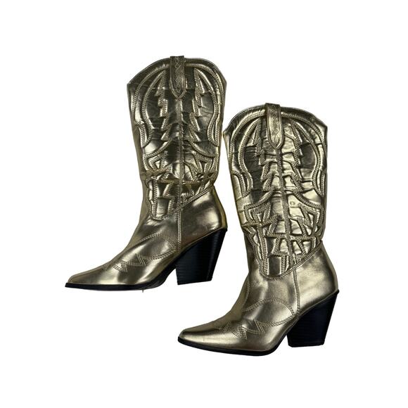 Boohoo - Metallic Knee high Western Cowboy Boots in Gold - Picture 2 of 6